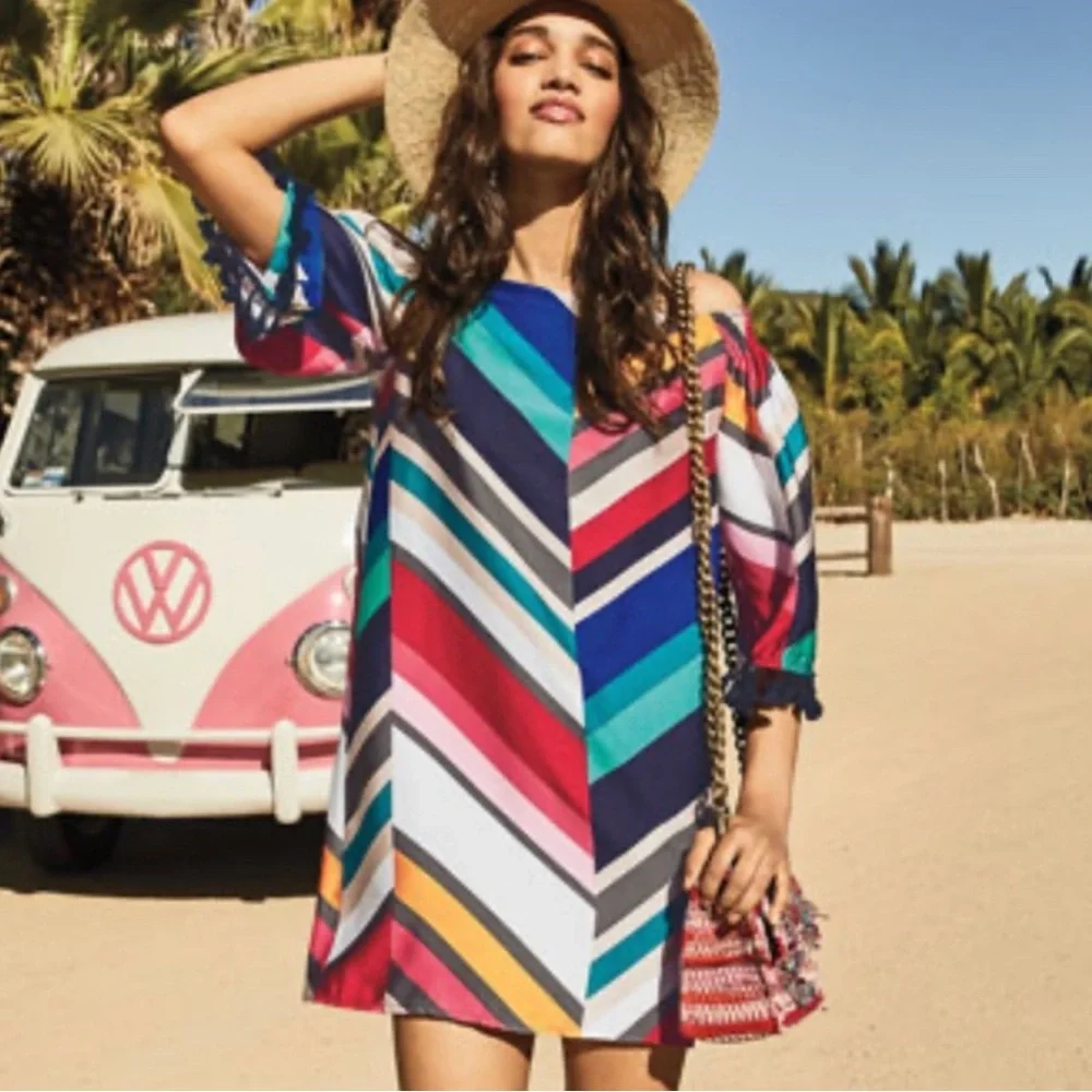 Trina Turk Colorful Chevron Long Sleeve Dress, NWT, L - Picture 2 of 8